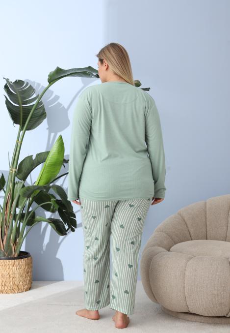 Pijama Dama ,Big Size ,''JUST LOVELY" cu Pantloni si Maneca lunga, Culoare Verde,Engros